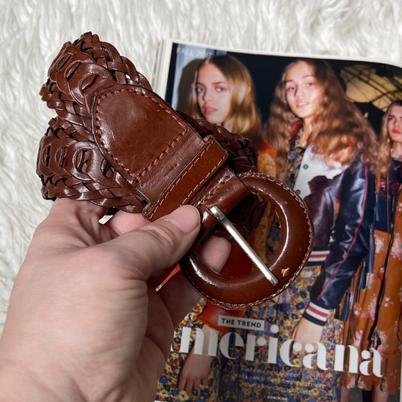 None Accessories - Vintage Genuine Leather Chic Brown Braided Leather Belt